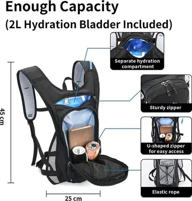 Produktbild von Unyqoos® Trinkrucksack mit 2 L Trinkblase (BPA-frei) – leichter Fahrrad- und Laufrucksack 44×23×9 cm, 300 g, verstellbare Gurte, ideal für Wandern & Skifahren