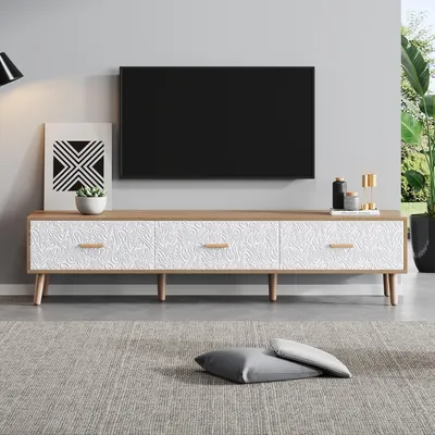 Zdjęcie produktu dla RTV-szafka o szerokości 150 cm, komoda pod telewizor z trzema szufladami, wymiary: 150x35x39 cm, kolor biały i jasne drewno, styl retro, idealna do salonu i sypialni