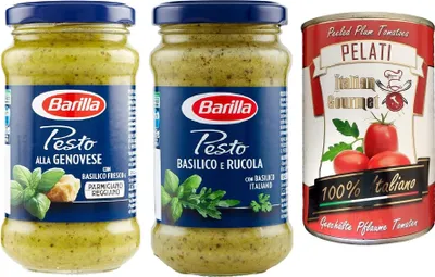 Produktbild von TESTPAKET Barilla Pesto 1x Pesto genovese 190g 1x Pesto basilico e rucola 190g ( 2 x 190g ) + 1x Italian Gourmet 100% italienische geschälte Tomaten dosen 400g