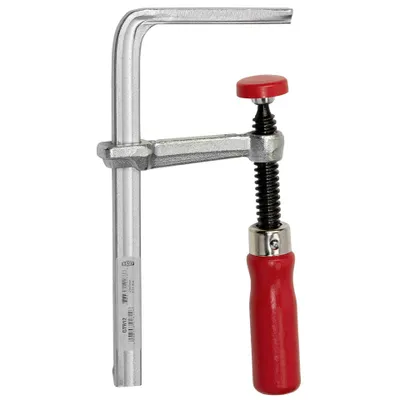 A silver and red clamp on a white background.
