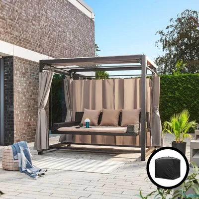 Produktbild von HOME DELUXE - Gartenliege - PROVENCE inkl. Abdeckung, Maße: ca. 236 x 180 x 210 cm, Schwebendes Rattanbett inkl. Vorhänge und Schiebedach I Hollywoodschaukel Sonnenliege Schaukelliege