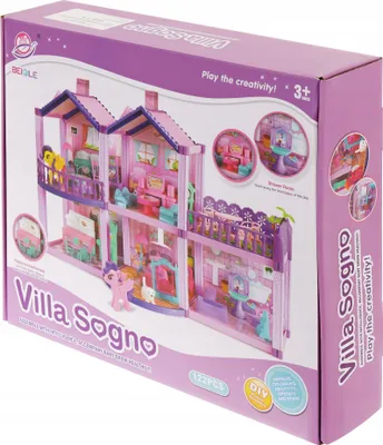 The image shows the packaging of a toy dollhouse and pony set, with the product itself visible through a clear window on the box.