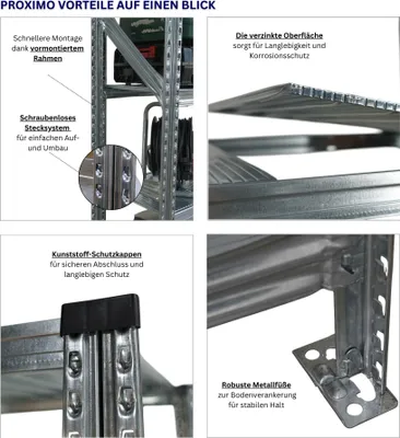 Produktbild von Fachbodenregal PROXIMO mit  Stecksystem | Komplettregal | HxBxT 210x360x50cm | 6 Ebenen | Beidseitig nutzbar | Verzinkt