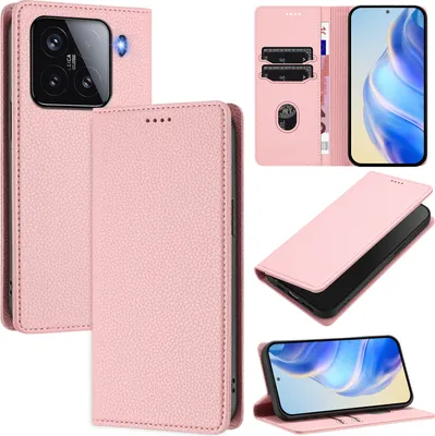 Produktbild von Litchi Leder Handyhülle für Xiaomi 15 Wallet Kartenfächer Standfunktion Hülle Pink