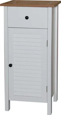 A white bathroom cabinet with a brown top, shown against a white background.