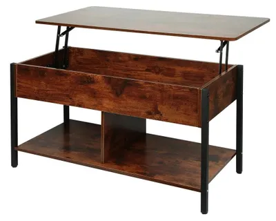 Image de Table basse – Table de salon avec plateau relevable – Espace de rangement dissimulé – Compartiments ouverts – Tiroirs – Design rectangulaire en bois – Couleur marron rétro