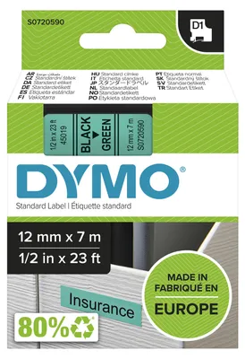Image de Dymo D1 Ruban 12 mm x 7 m noir sur vert 45019