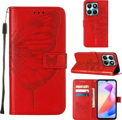 Produktbild von Lederhülle für Honor X6A Schmetterling Prägung Flip Ledertasche Kartenfächer Handyhülle mit Ständer Rot