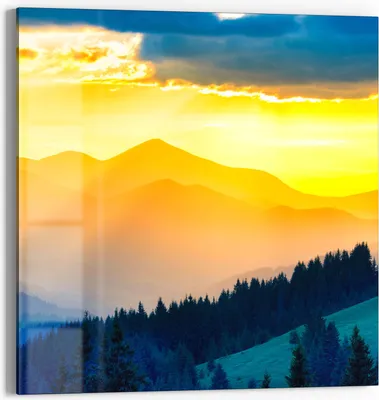 Produktbild von DEQORI Glasbild Echtglas 30x30 cm 'Sonnenuntergang in Bergen' Wandbild Bild modern Deko