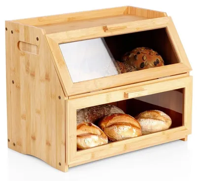 Immagine prodotto di Contenitore per il pane in bambù, a 2 scomparti, 39x25x32 cm, frontale trasparente.