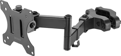 A black monitor arm mount is shown against a white background.