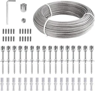 Immagine prodotto di Supporto per balconi e giardini - Pali in acciaio per piante rampicanti con ganci e cavo da 3 mm (24 m di cavo + 16 ganci)