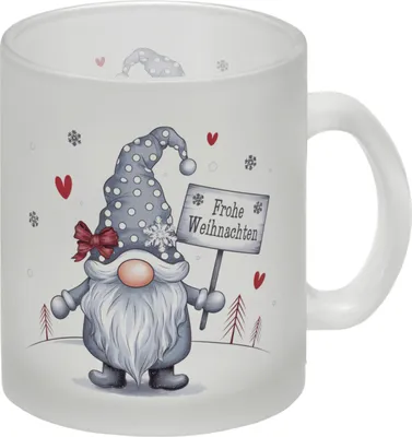 Produktbild von niedlicher Weihnachtswichtel mit Schild Glas Tasse - Frohe Weihnachten