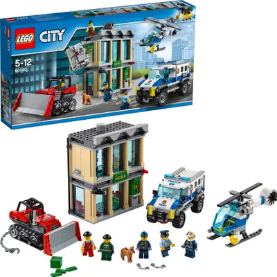 A LEGO City bank robbery playset, showing both the product box and the assembled set with its components.