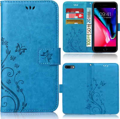 Produktbild von Handy Tasche für Apple iPhone 8 Plus Schutz Hülle Handyhülle mit Blumenmuster Klapp Hülle mit Standfunktion und Kartenfächer Blau