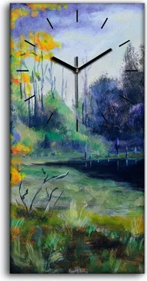 Produktbild von Wanduhr Uhr Wandbild Leinwand 30x60 Malerei Abstrakte Bäume Seelandschaft - schwarze Hände