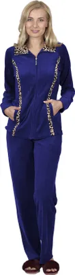 Produktbild von RAIKOU Damen Hausanzug Schlafanzug Baumwolle Freizeitanzug Nicki Velours Jogging anzug mit Reißverschluss und Leo Print Royal Blau 36/38