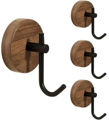 Image de Lot de 4 crochets muraux en bois noir, porte-serviettes pour la salle de bains et la cuisine, accessoires de rangement robustes et durables pour les petits espaces