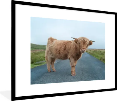 Produktbild von MuchoWow® Gerahmtes Poster Scottish Highlander - Straße - Gras 80x60 cm - Poster mit Schwarzem Bilderrahmen Wandposter Rahmen Foto Bilder - Schlafzimmer-Dekorationen - Fotoposter