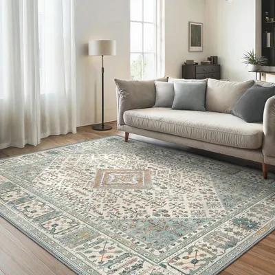 Produktbild von Waschbarer Vintage Teppich mit Rutschfester Unterlage für Wohnzimmer und Schlafzimmer - Mintgrün 160x230CM