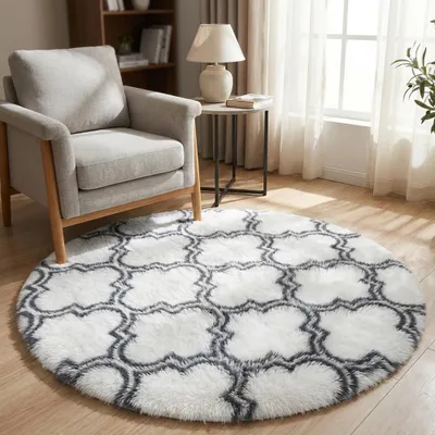 Obrázek produktu pro Kulatý, huňatý koberec do obývacího pokoje, protiskluzový, měkký a nadýchaný, rozměry 140 x 140 cm, bílý, s motivem luceren