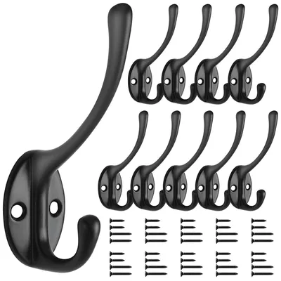 Produktbild von Bolatus 10 Stück Kleiderhaken, Doppelt Wandhaken, Metall, inkl. 40 Schrauben, für Garderobe, schwarz