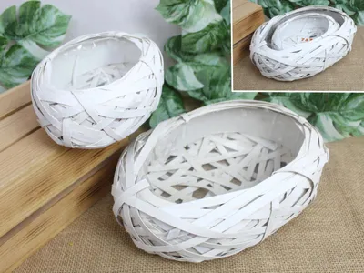 Produktbild von Rattan Pflanzkorb Übertopf Set Blumenkorb 2er Set Weiß oval mit Folie für Blumenarrangement Pflanzschale Dekokorb
