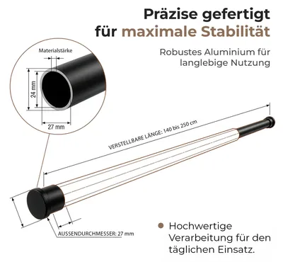 Zdjęcie produktu dla Drążek do zasłony prysznicowej 140-250 cm, czarny, regulowany, do łazienki