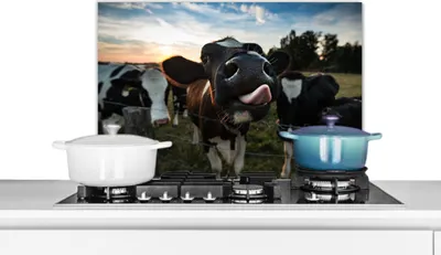 Produktbild von KitchenYeah®  Spritzschutz Küche - Küchenrückwand - Wandschutz für Herd und Spüle - Kuh - Tier - Nahaufnahme 60x40 - Alu-Dibond (Alternative zum Spritzschutz aus Glas) - Hitzebeständig - Herdspritzsch