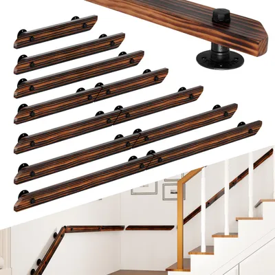 Produktbild von Ikodm Wandhandlauf aus Kiefernholz 200 cm, verbindbare Ausführung zu einem Handlauf, braun mit Holzmaserung, mit Eisenhalter