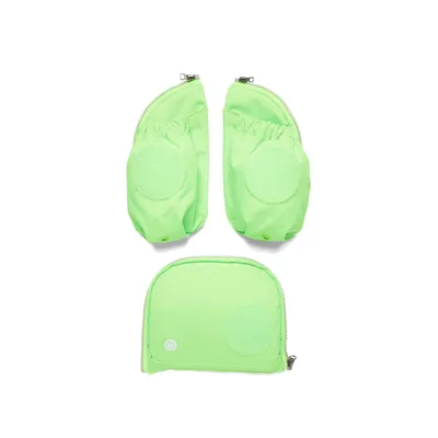 Three green accessories for a backpack, arranged in a triangular formation.