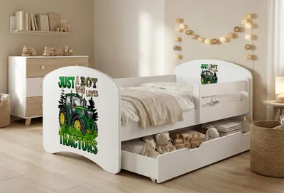 Produktbild von Happy Babies Kinderbett mit Rausfallschutz Junge 140x70 Bett für Kinderzimmer mit Schublade Matratze Einzelbett für Kinder Blau Traktor