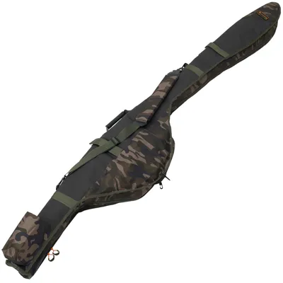 A camouflage fishing rod sleeve is shown against a white background.