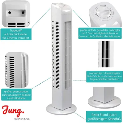 Produktbild von JUNG TF01 Turmlüfter, 76 cm, Säulenventilator, Raumlüfter, leise, kompakt, für Wohnzimmer, Büro, Tischventilator, platzsparend, Luftzirkulation, Energ