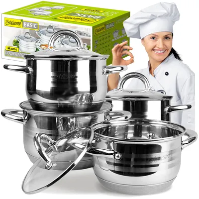 Obrázek produktu pro Sada hrnců a pánví Maestro MR-3513-8, 8 kusů, nerezová ocel, vhodná pro indukční vařiče