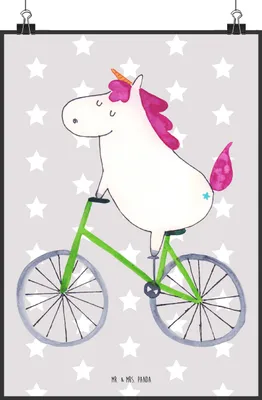 Produktbild von Mr. & Mrs. Panda Bild Einhorn Radfahrer DIN A2 - Grau Pastell - Geschenk, Kunstdruck, Kummer, Radfahren, Unicorn, Wandbild, Konfetti, Bike, Posterdruck, wanddeko, drucke