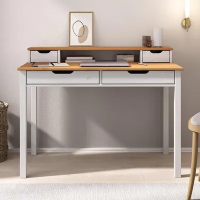 Produktbild von Schreibtisch RAUL mit 4 Schubladen aus Massivholz, Eiche / weiß - Bürotisch mit Stauraum und Nische, Home-Office-Schreibtisch, PC-Tisch mit Aufsatz