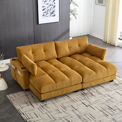 Produktbild von MODFU Modulares Sofa aus Cordstoff,2-Sitzer-Sofa als Zweisitzer mit USB-Ladeanschlüssen, Getränkehaltern & Seitentaschen,modernes Relaxsofa,Schlafsofa,Senfgelb