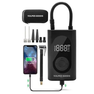 Immagine prodotto di Compressore d'aria Vulpes Goods, compressore portatile, 6400mAh, compressore per auto, scooter, bicicletta, pallone e materasso ad aria, borsa da viaggio, con 7 attacchi