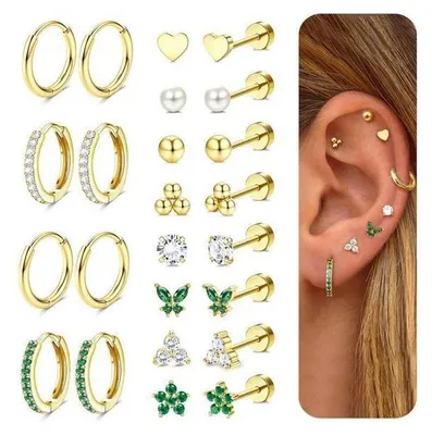 Produktbild von 12 Paar Ohrringe Chirurgenstahl 316L Damen Herren 14K Vergoldet Creolen Ohrstecker Set