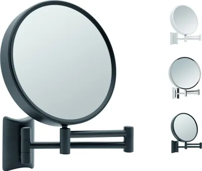 A large black wall-mounted cosmetic mirror is shown in the foreground, with three smaller examples of the same mirror in different colors (white, silver, and black) displayed in the background.