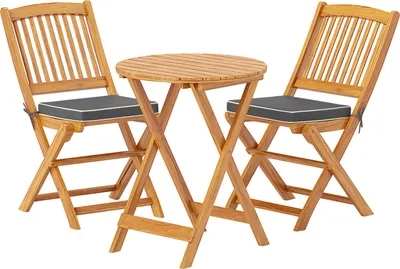 Produktbild von 3-teilige Terrassengarnitur aus Akazienholz, Outdoor-Klapptisch und -Stühle mit gepolsterten Kissen, Sitzmöbel-Set für Veranda, Hinterhof, Natur