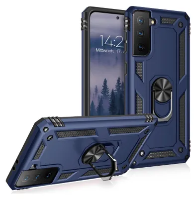 A dark blue phone case with a ring holder is displayed, with a phone inside it. Another phone case is shown in the foreground.
