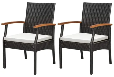Produktbild von Set aus 2 Rattan-Gartenstühlen mit Holzrahmen und bequemen Sitzkissen, ideal für Balkon und Terrasse