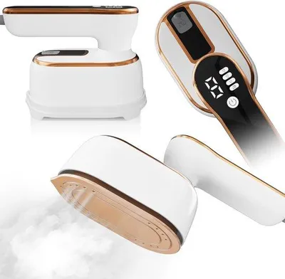 Image de Mini défroisseur à main et défroisseur pour vêtements - Petit fer à repasser à vapeur portable - Pour le repassage à la vapeur - Réservoir d'eau de 100 ml - Écran LCD - Blanc