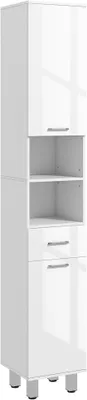 Image de Armoire de salle de bain, haute, avec espace de rangement, comprenant des étagères, des tiroirs, des étagères réglables et des compartiments ouverts. Grand meuble étroit, idéal pour les toilettes et les petits espaces. Dimensions : 30 x 30 x 180 cm. Finition : blanc brillant