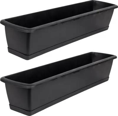 Produktbild von BigDean 2er Set Blumenkasten mit Untersetzer 80 cm lang anthrazit - aus PP-Kunststoff - Balkon Pflanzkasten schmal Balkonkasten