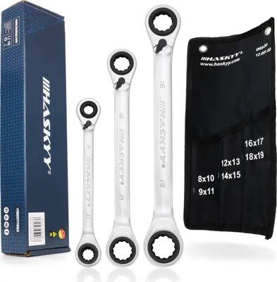 Immagine prodotto di HASKYY Set di chiavi a cricchetto 4 in 1, 3 pezzi, 8-19 mm - 12 chiavi in 3 chiavi a doppio anello