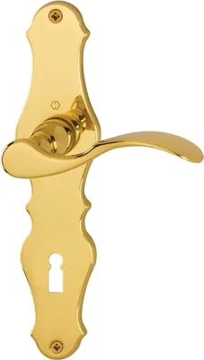 A close-up studio shot of a brass door handle with a keyhole.