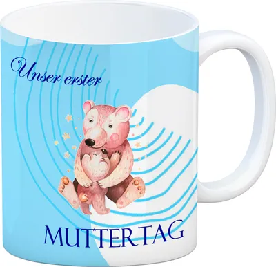 Produktbild von Bären-Kaffeebecher zu ersten Muttertag mit Mama und Baby in blau Tasse Becher